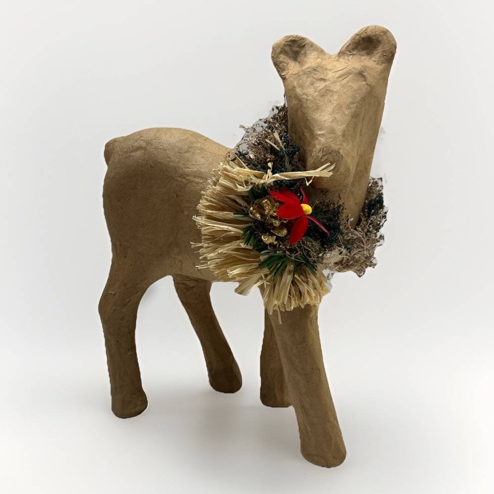 Rustic‎ Papier Mache Standing Deer Figurine Wreath Christmas Decor